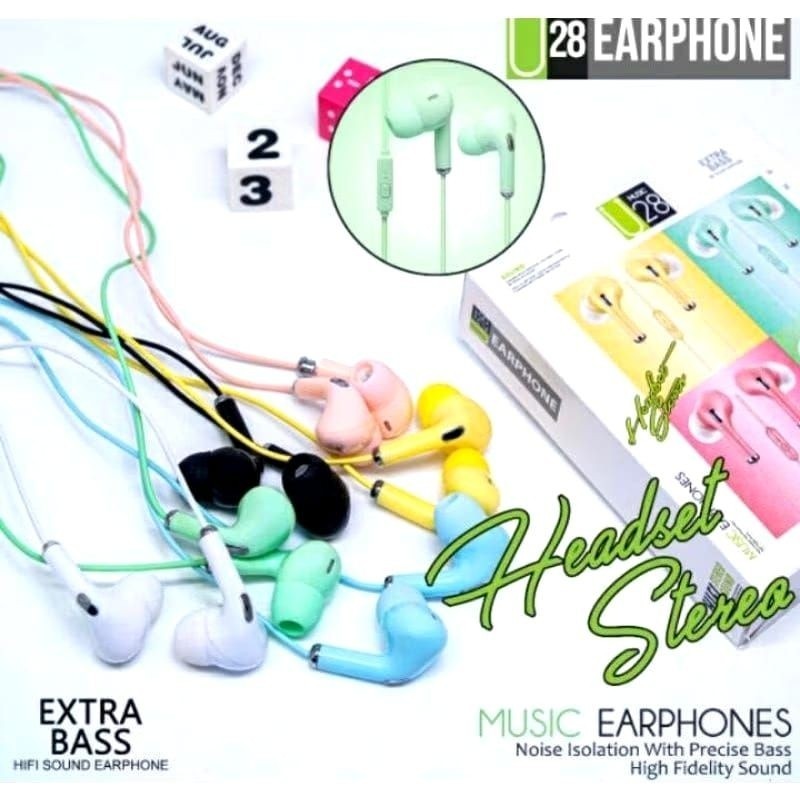 [ GROSIR ] HF HEADSET U28 / U-28 MACARON WARNA-WARNI HANSFREE STEREO BASS SUPER BASS BERKUALITAS BAG