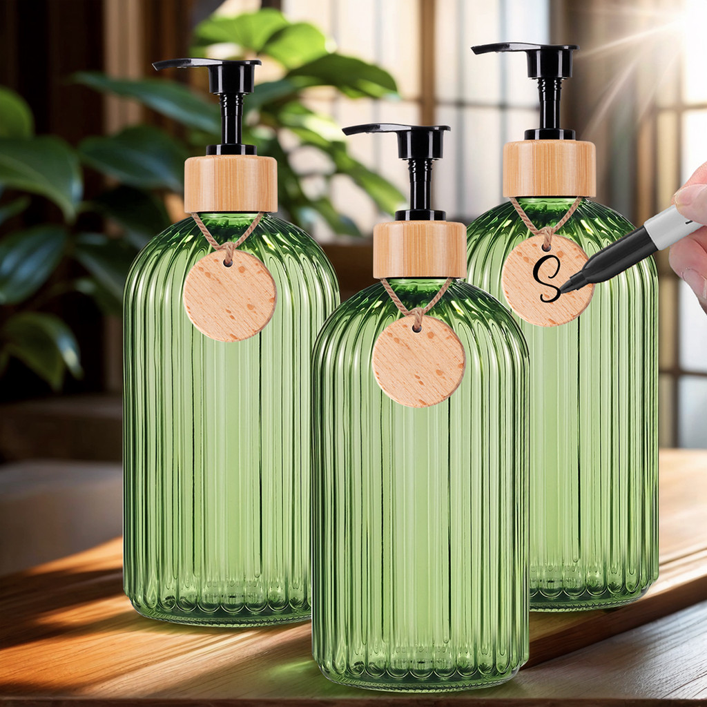 

Green Bathroom Shower Soap Bottles with Empty Tag Refillable Shampoo Conditioner Bodywash Container Bottle Home Apartment Decor