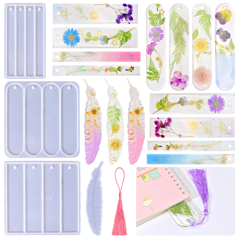 

SZ080 DIY Four Cavity Rectangular Bookmark Resin Molds With Hole Casting Epoxy Feather Bookmark Pendant Silicone Mold