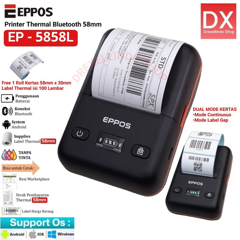 

Mobile Printer Thermal 58mm EPPOS EP5858L / EP-5858L / 5858L DUAL Mode