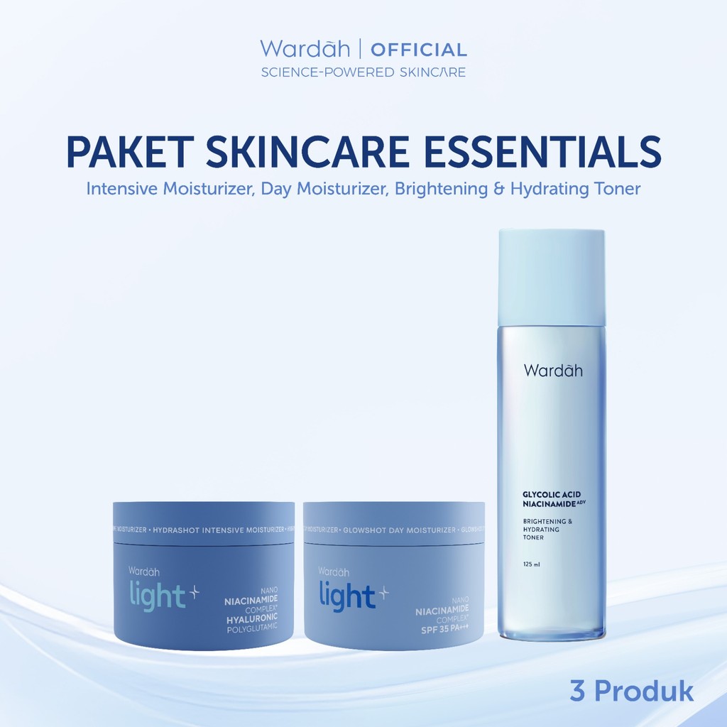 Wardah Lightening Paket Skincare Essentials (Day + Night + Face Toner) - Light+ Glowshot Day, Intens