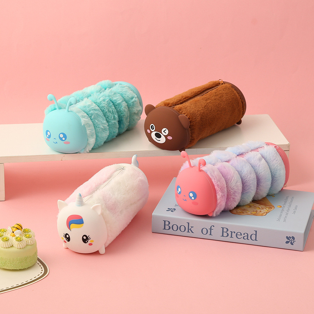 

Silicone cute caterpillar pencil case plush soft decompression student school supplies storage box Large capacity stationery bag