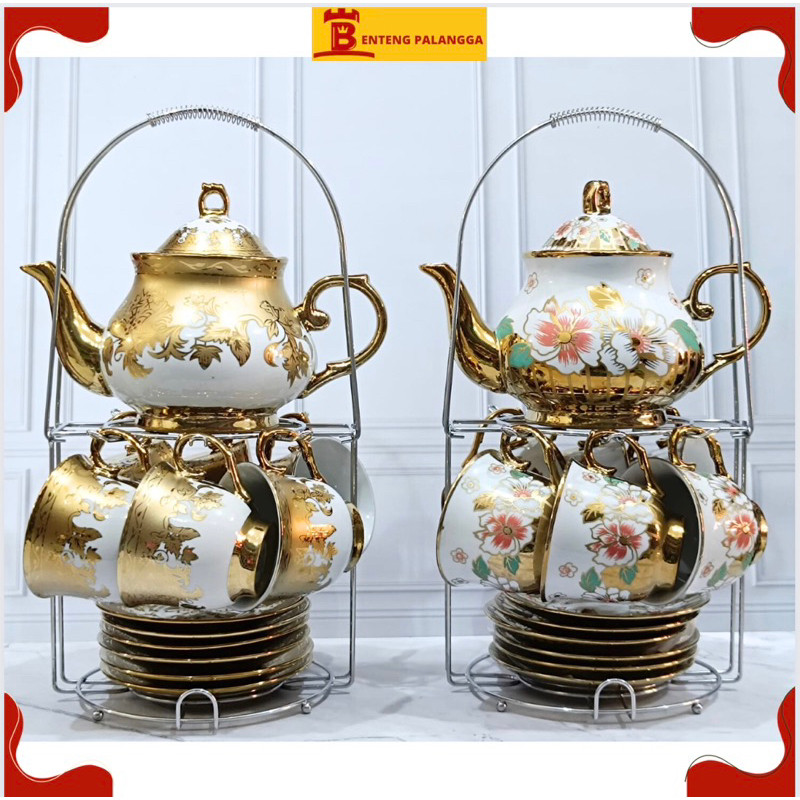 teko set orchid cantik keramik emas bunga warna tahan kuat TERLARIS