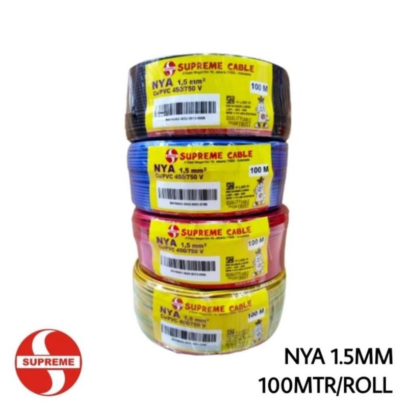 Kabel Supreme NYA 1.5 @100 Kabel Tunggal Kawat Tembaga Warna Merah Hitam Biru Kuning Hijau