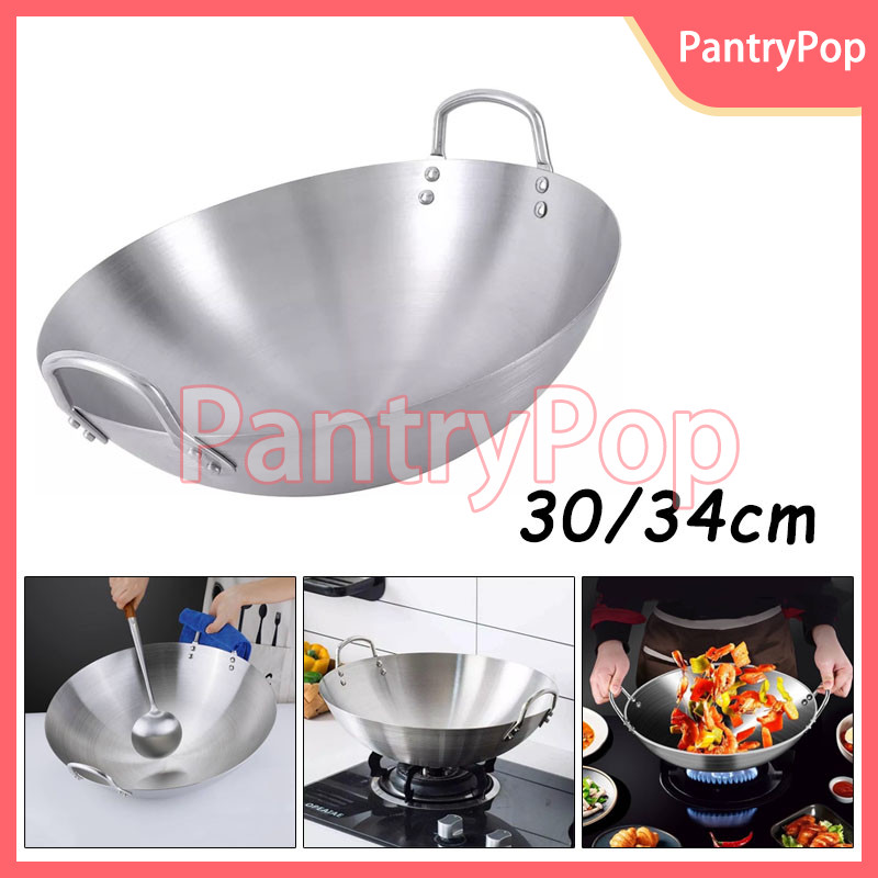 Kuali Stainless Steel / Tebal Kuali Premium Dengan Pegangan / Kuali Wok Wajan Full Stainless Steel