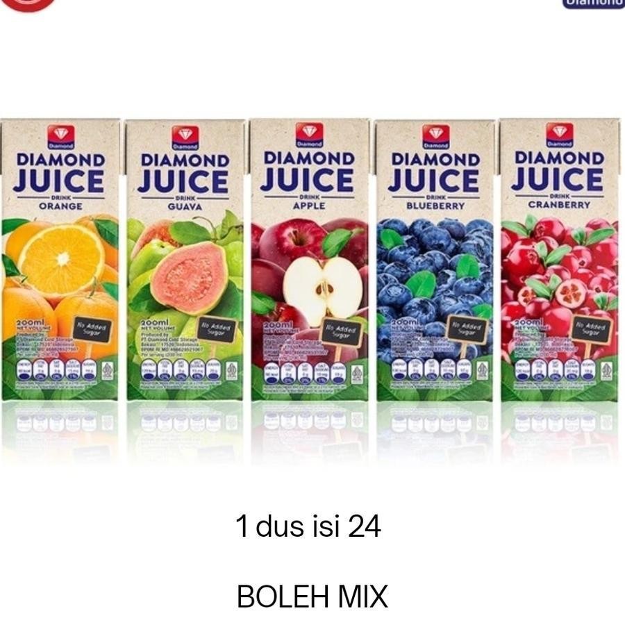 

Diamond Juice MInuman Jus NO SUGAR ADDED DUS ISI 24X200ML Rasa APPLE / GUAVA / CRANBERRY / BLUEBERRY / ORANGE