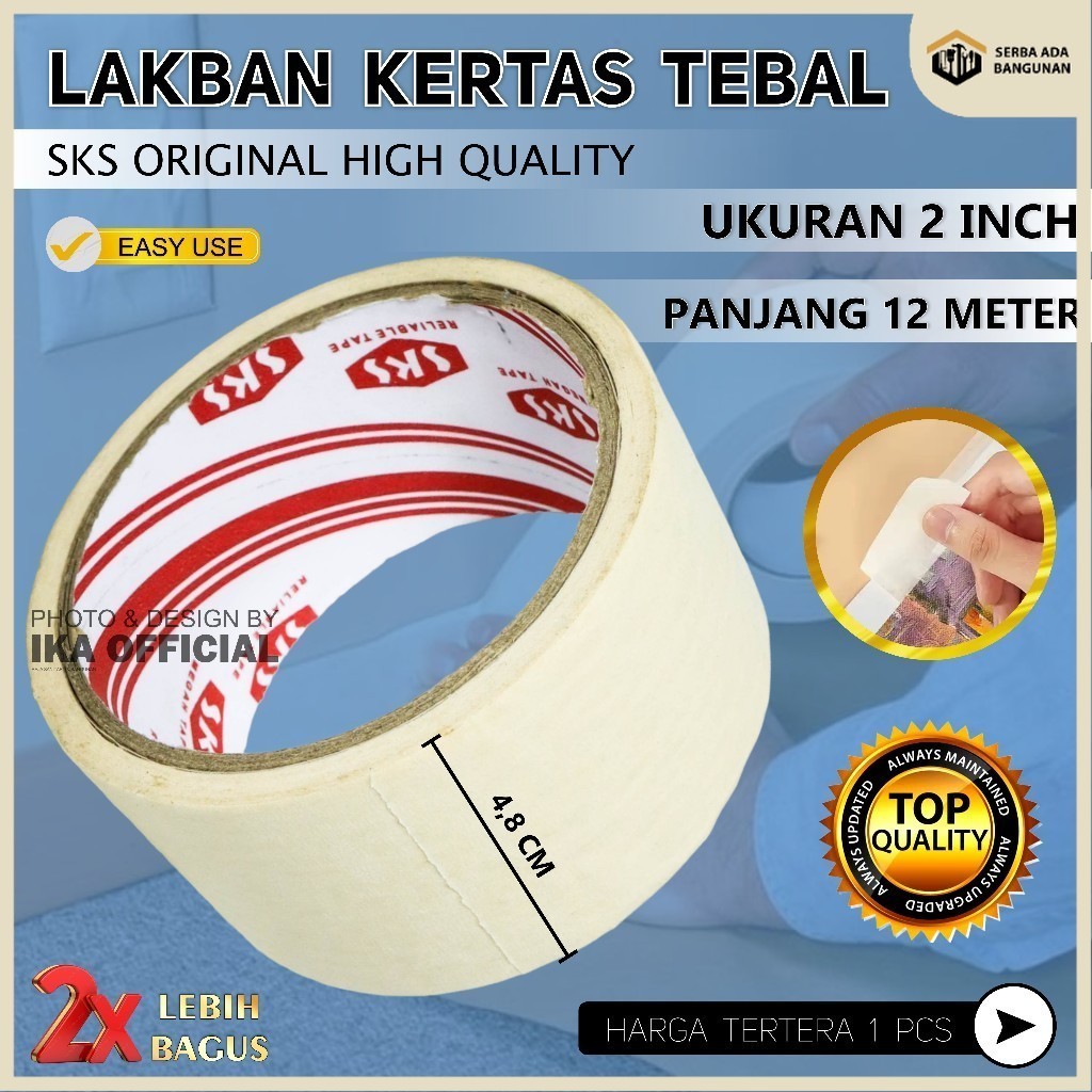 

SAB LAKBAN KERTAS / MASKING TAPE SKS 2 INCH / 48 MM LIST NGE CAT TEMBOK / BISA DITULIS LEM ASLI 100%