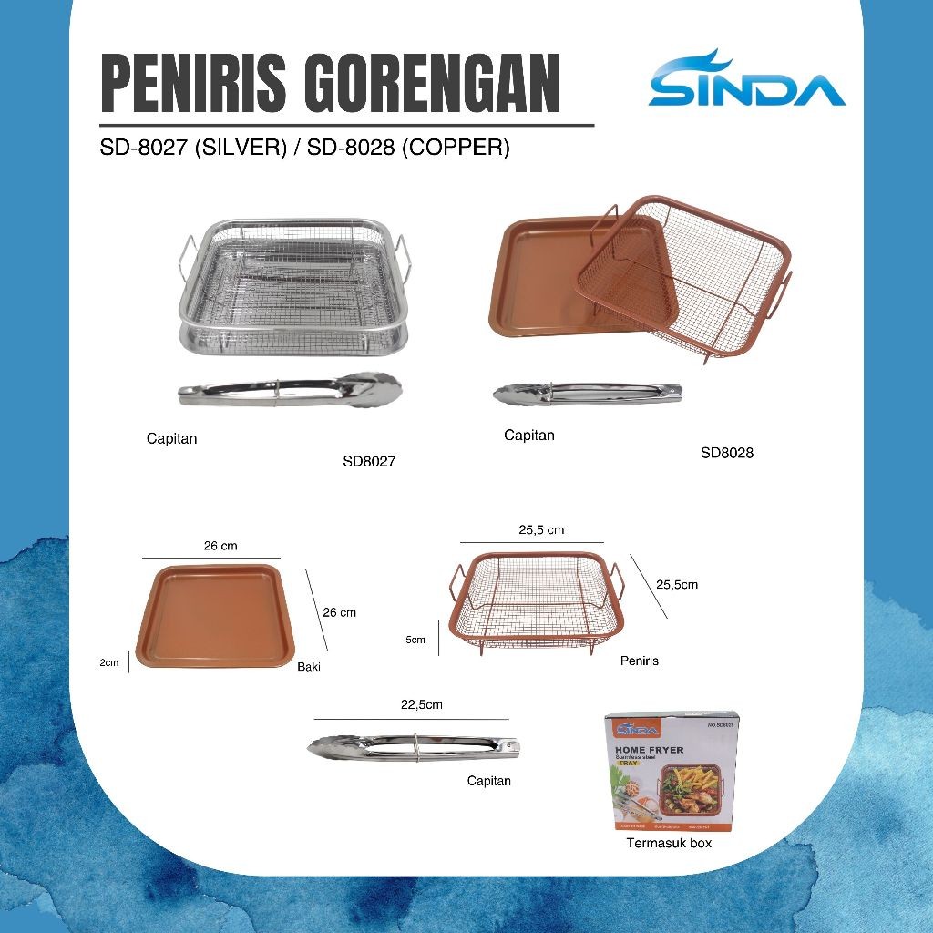 

Peniris Gorengan Lengkap dengan Nampan Type SD8027 Silver & SD8028 Copper Termasuk Box dan Capitan