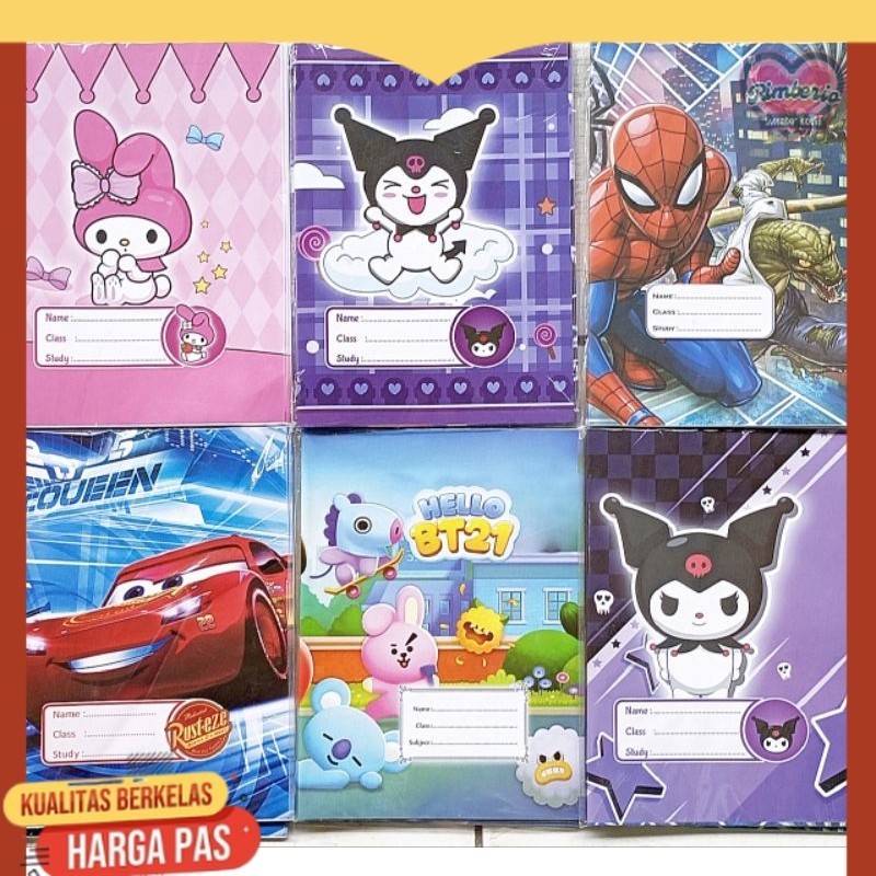 

Sampul buku tulis Kwarto gambar karakter anak Sanrio Kuromi Spiderman Cars Mixue Doraemon Astronot Hello kitty Unicorn BTS BT21 Avenger My Melody