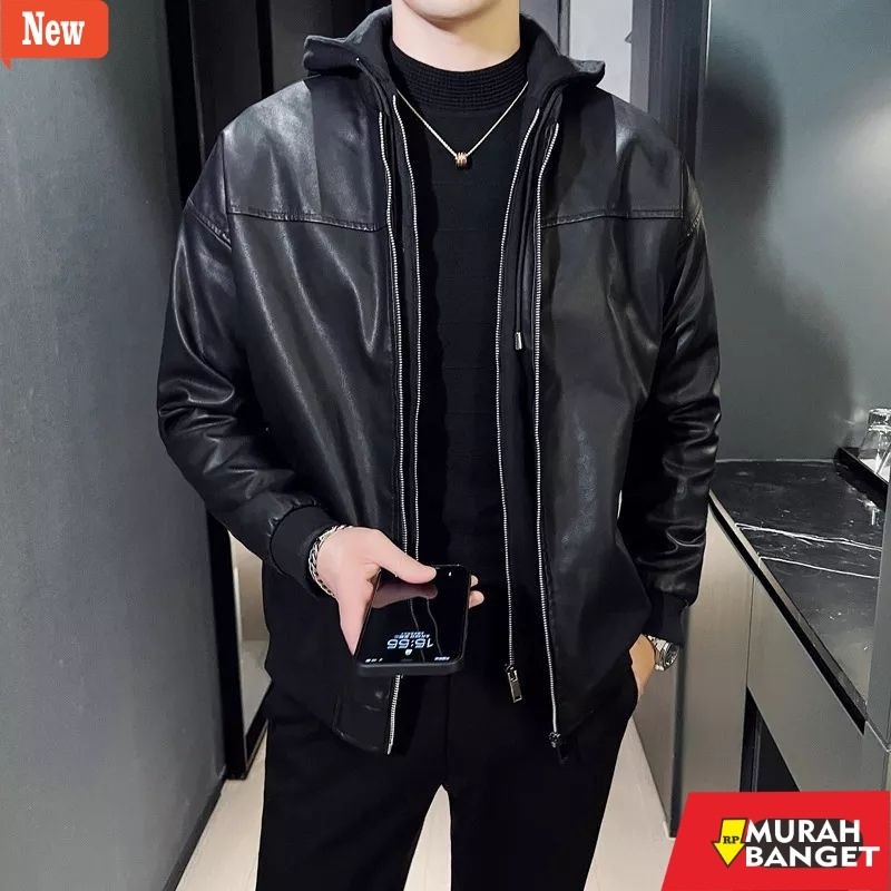 jaket kulit pria garut Jaket kulit kupluk - Jaket semi kulit hoodie model resleting 2