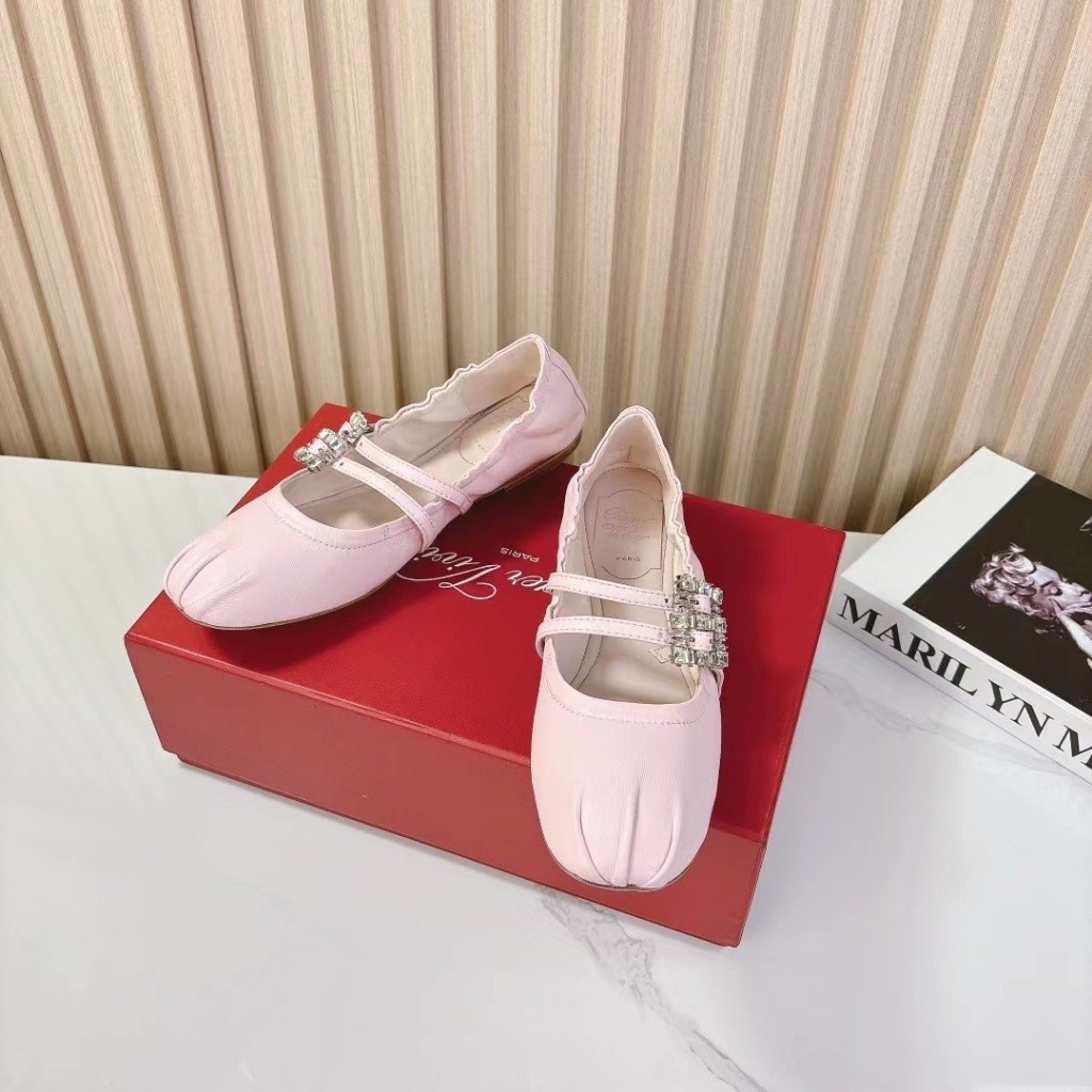 New Counter ORI Roger Vivier RV Fashion Classic Double Row Diamond Button Flat Ballet Shoes