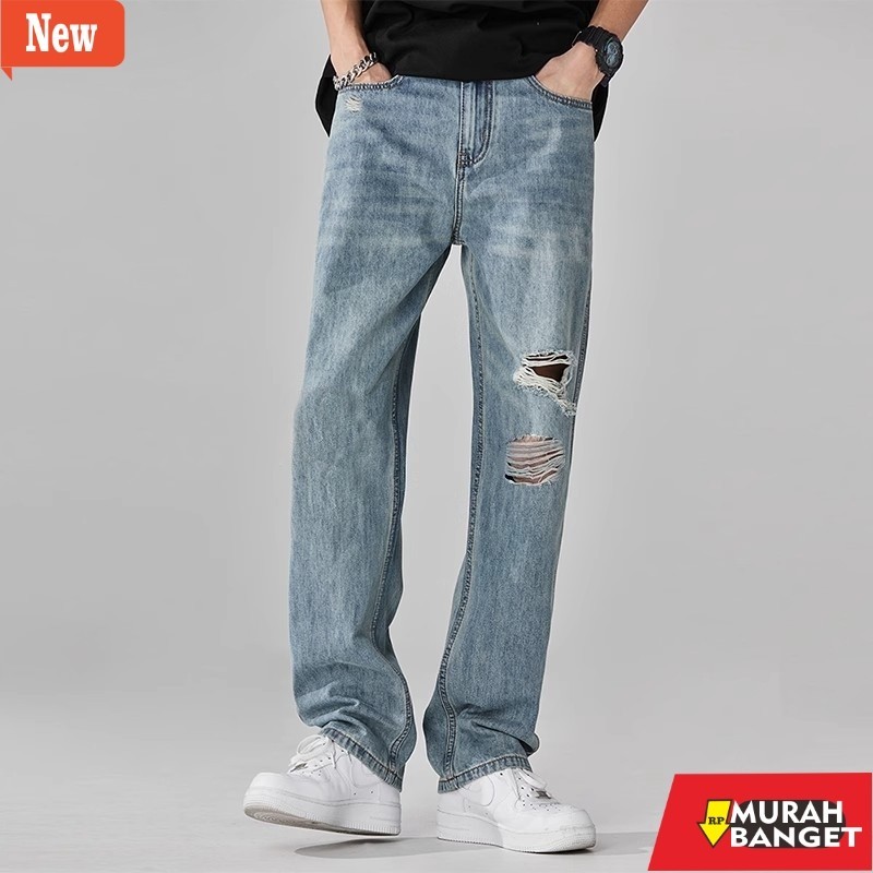 Celana sobek ripped pria jeans yg kekinian- KeyBoy Celana Jeans Pria Sobek panjang baggy pants celan