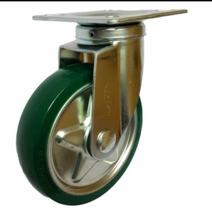 Roda Troli / Caster Wheel / Roda PU (Polyurethane) Hijau 6 inch Hidup / Muter