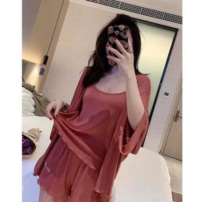 SETELAN OUTER ONE SET PIYAMA 4IN1 HOTPANTS HOTPANT BAJU TIDUR TANKTOP FASHION WANITA DEWASA SEXY TAN
