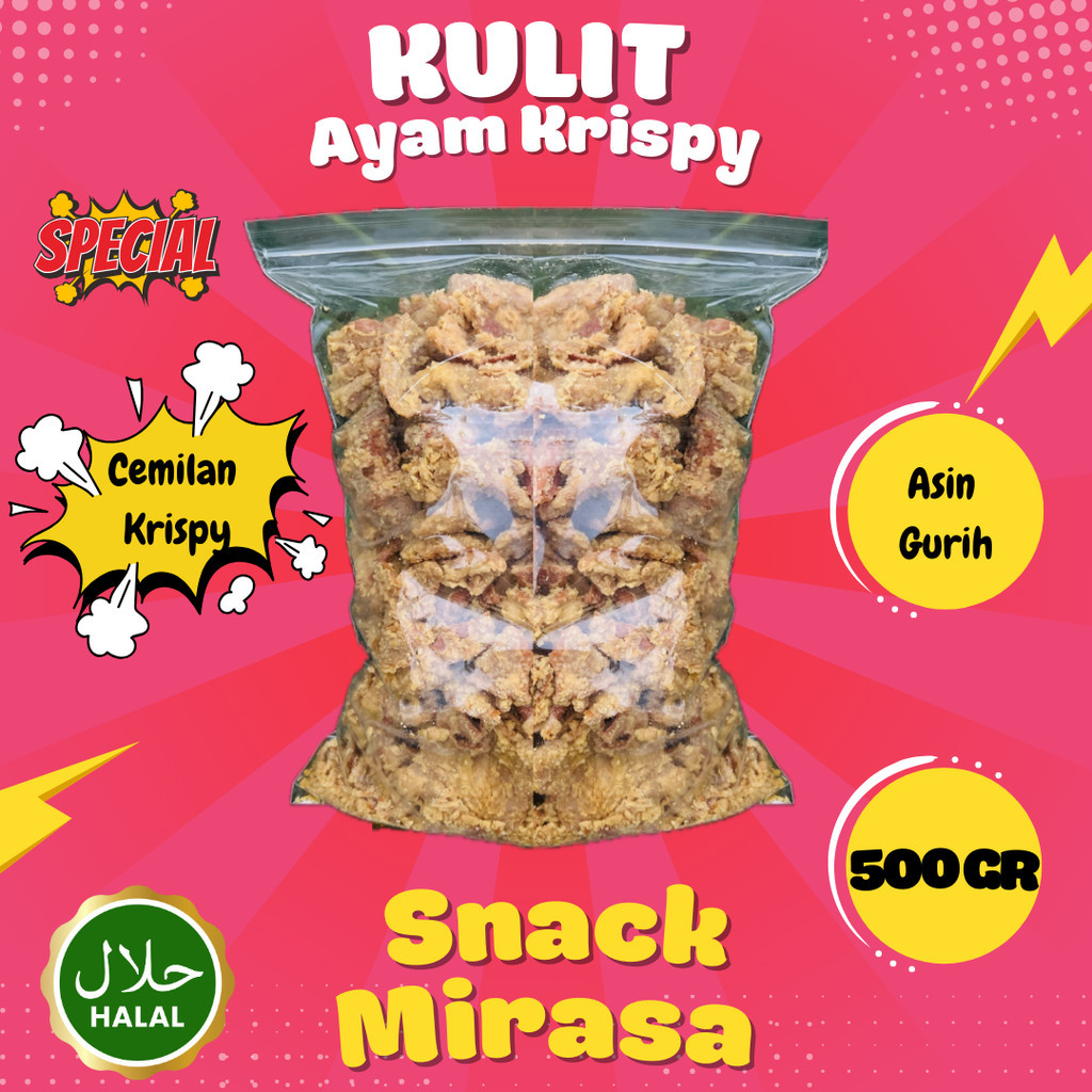 

Cemilan 1/2 kg - KULIT AYAM CRISPY PEDAS DAUN JERUK - KERIPIK KULIT AYAM Kriukk snack Food