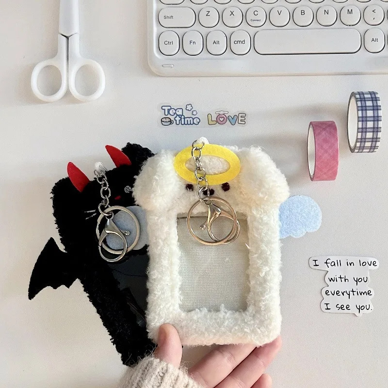 

Angel Puppy Devil Kitten 3 Inch Kpop Photocard Holder Kawaii Plush Id Card Photo Display Holder Bag Korean School Stationery