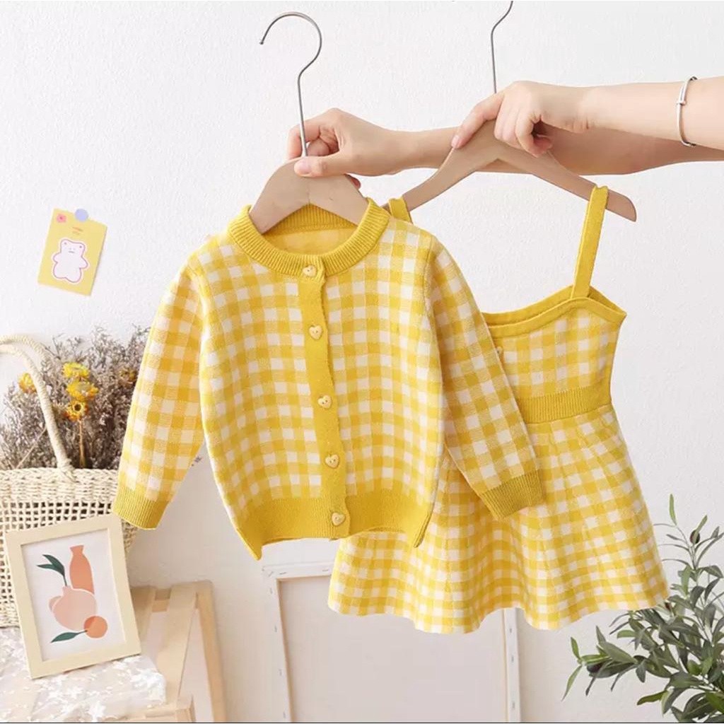 AA11ED Zahra Cardigan Dress Anak Perempuan Lunair One Set | Setelan Dres Cardy Rajut Premium Anak Um