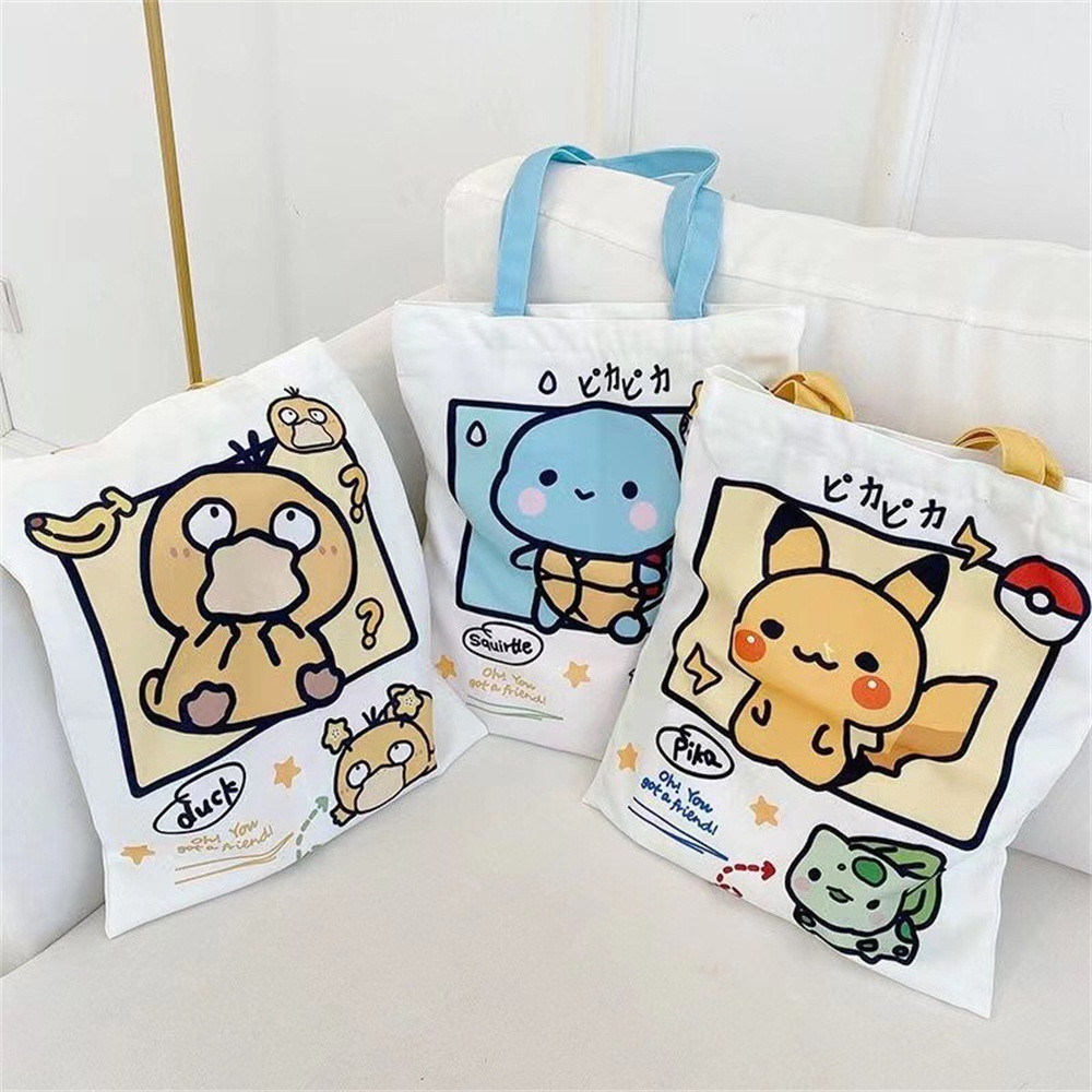 

Kawaii Pikachu Pokemon Canvas Tote Squirtle Psyduck Cute Daily Portable Handbag Shopping Grocery Reusable School Girls Gifts
