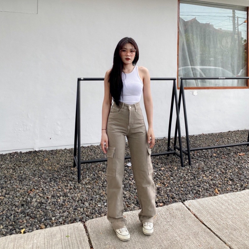 Cargo Jeans HW - Celana Panjang Wanita - Boyfrend Jeans -Jeans Cargo Tali Pinggang
