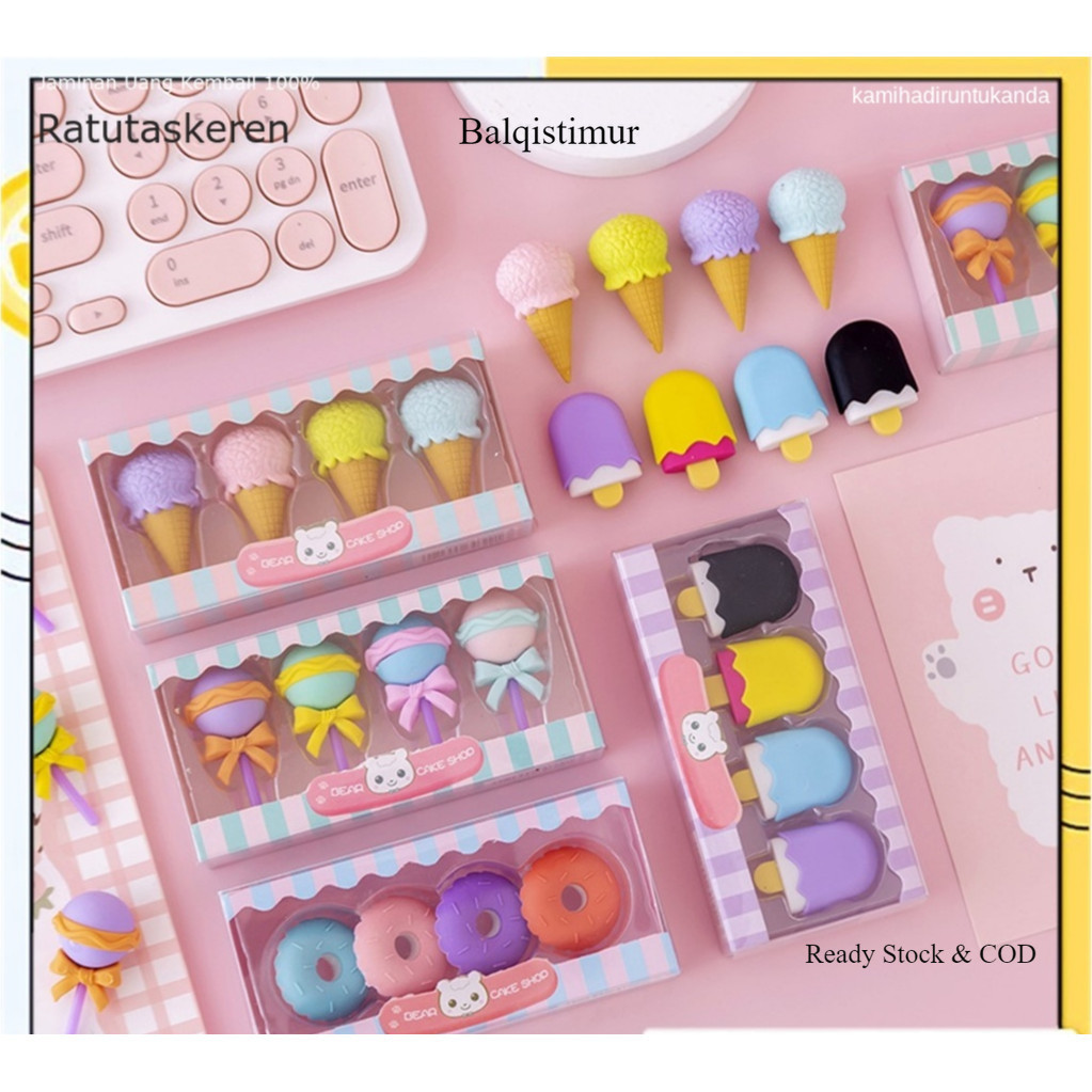 

BALQIS PENGHAPUS 4 PCS / SET LUCU BENTUK ES KRIM KARET HAPUS LOLIPOP DONAT PENSIL KARAKTER SWEET ERASER ANAK SEKOLAH KARAKTER 4PCS BENTUK MAKANAN DONUT ICE CREAM KEREN READY STOK