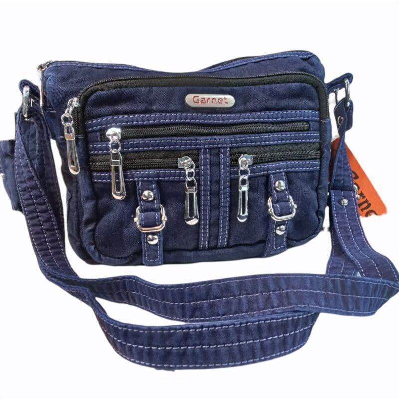 tas slempang wanita bahan jeans garnet