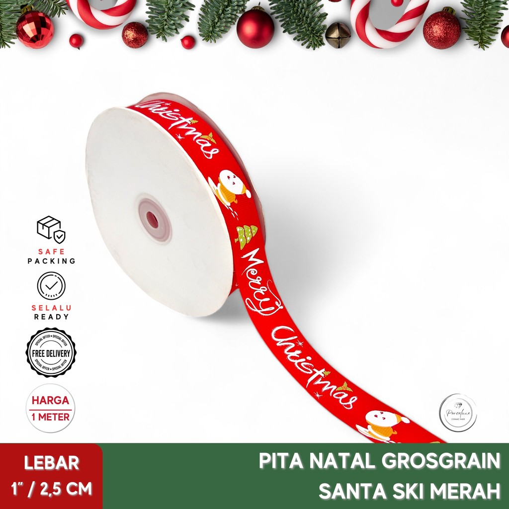 

Pita Hiasan Kado Natal Merry Christmas Grosgrain Santa Ski Merah 2,5 cm Harga Per Meter