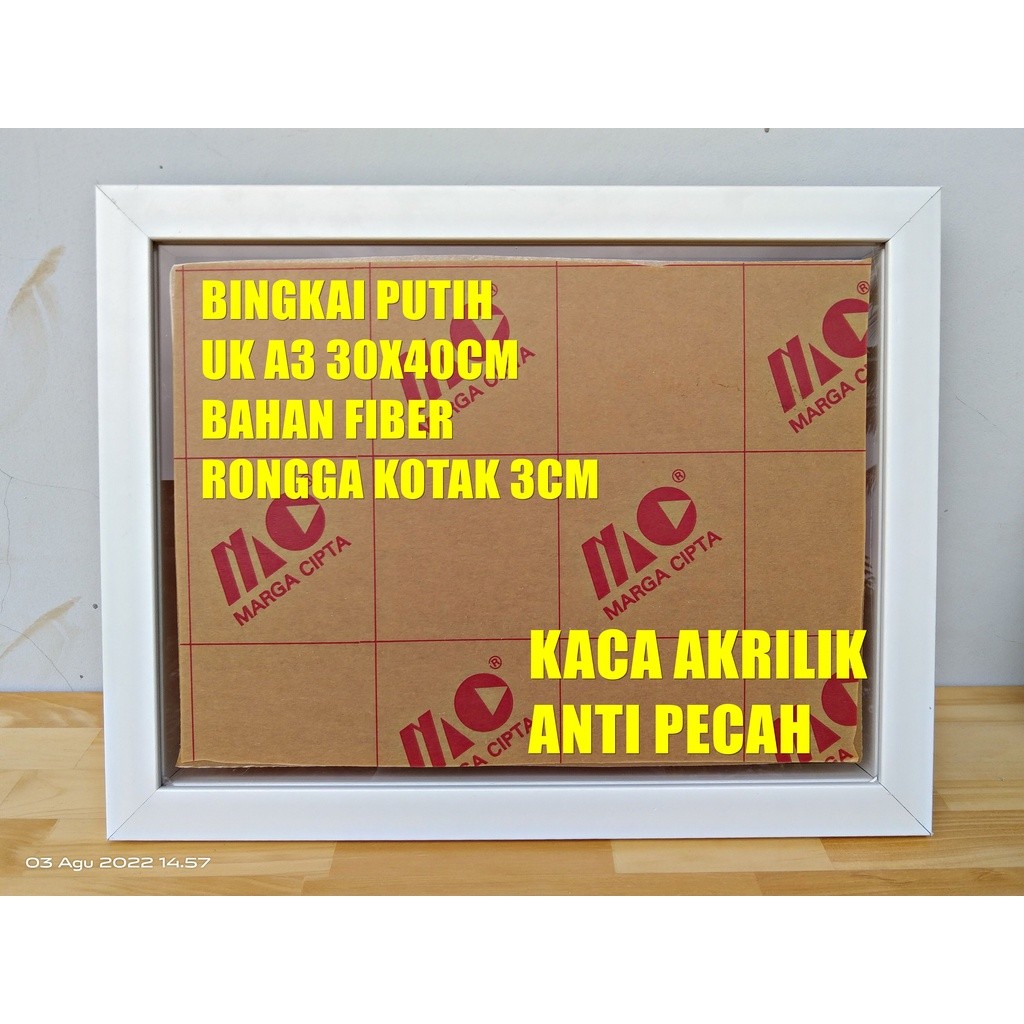 HY87T Pigura/Frame foto 3D Putih & motif serat kayu ukuran 12R(30x40)cm + Kaca Akrilik antipecah