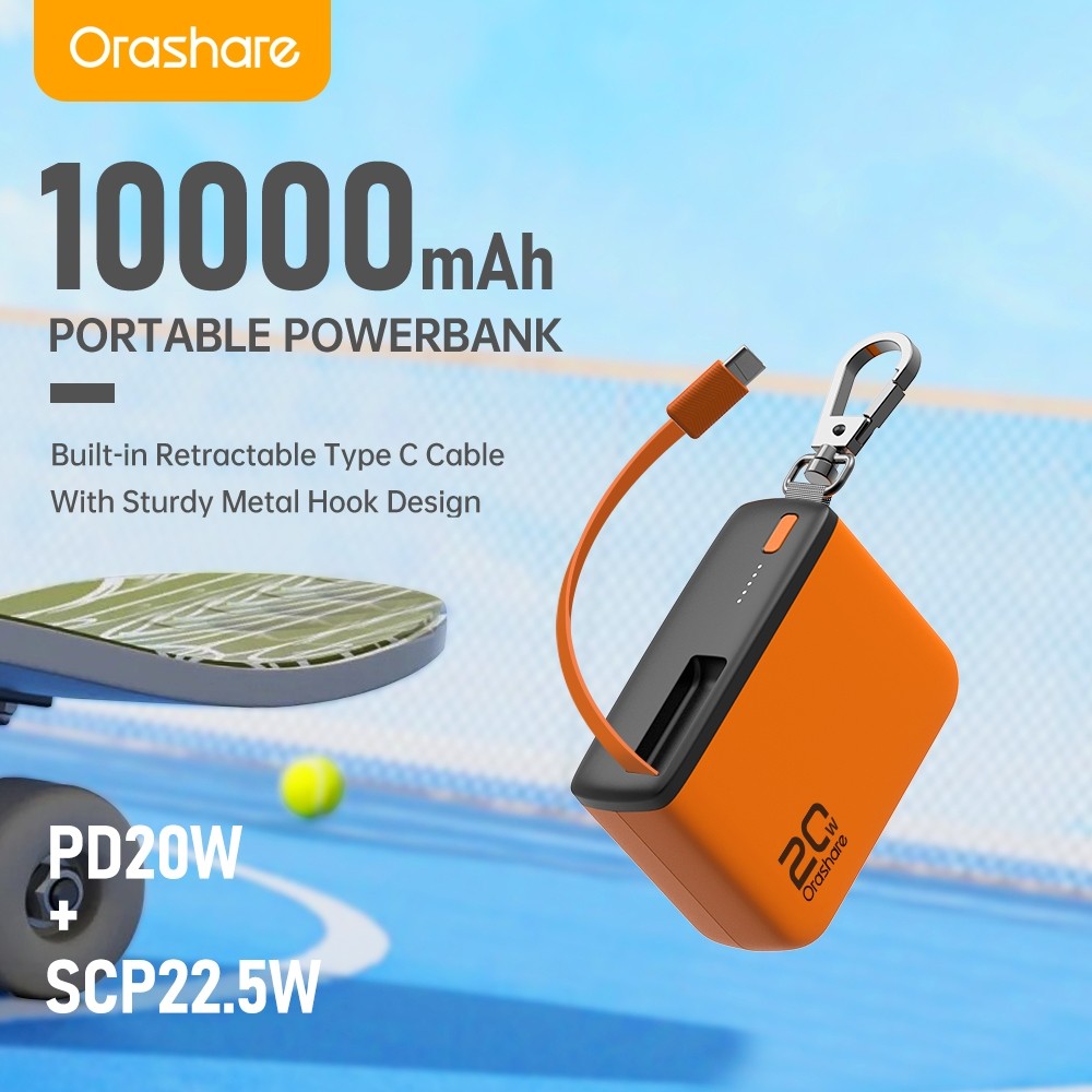 Orashare PR10 Powerbank 10000mAh With Built in Retractable Type C Cable PD20W Fast Charge For iP15