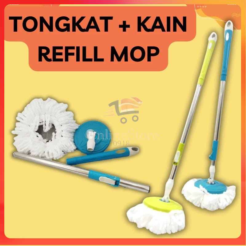 OS-H112-Tongkat handle pel + kain spin mop - Mop Stick Set with Headmop