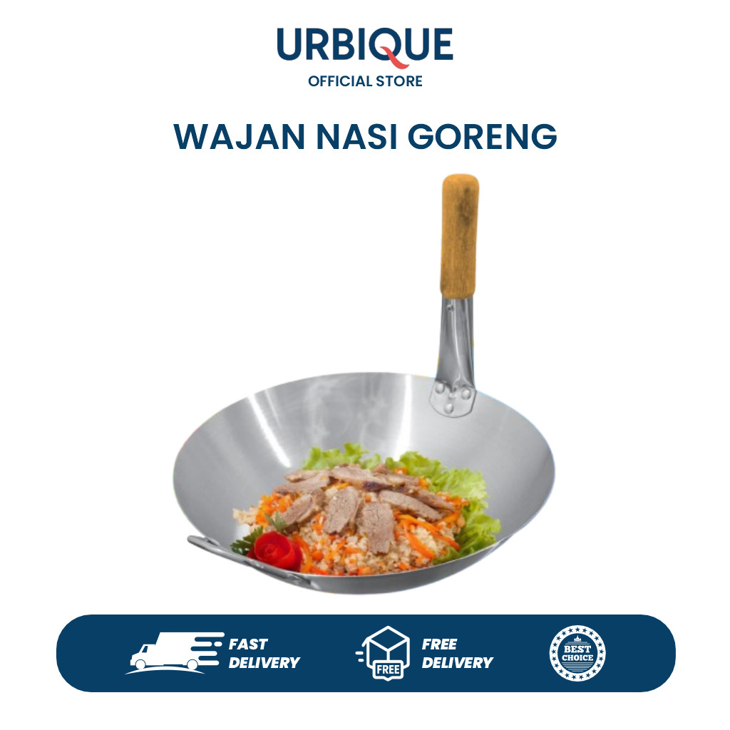 Kuali Wajan Penggorengan Stainless Steel Gagang Kayu 30CM 32CM 34CM Wajan Nasi Goreng