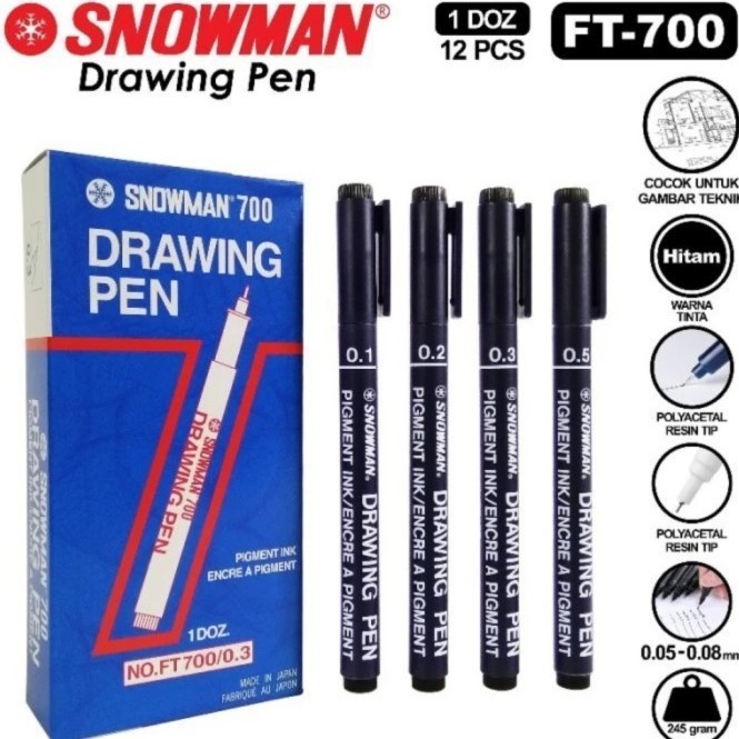 

Drawing Pen Snowman FT 700 0.05 0.1 0.2 0.3 0.4 0.5 0.6 0.7 0.8 mm - 1 lusin isi 12 pcs