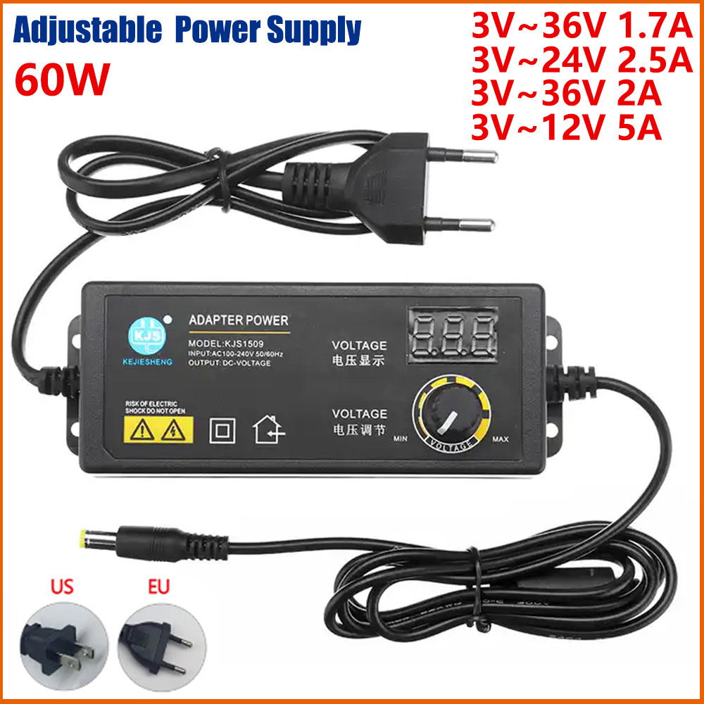 Adjustable 3V 5V 6V 9V 12V 24V 36V 1.7A 2A 5A 60W Universal AC/DC Adapter Display Screen Voltage Reg
