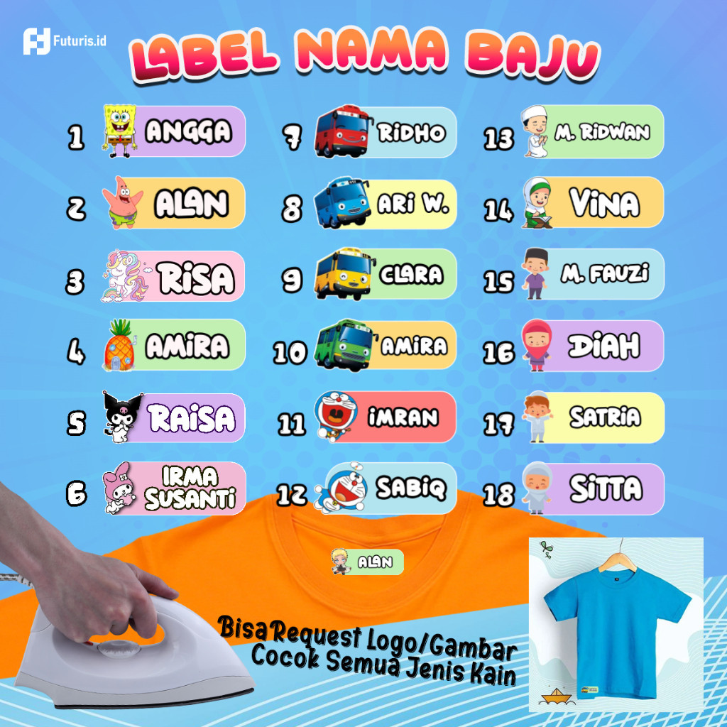 

54pcs STIKER BAJU NAMA CUSTOM / Stiker Kain Kaos Baju / Sablon Nama/ Setiker Setrika