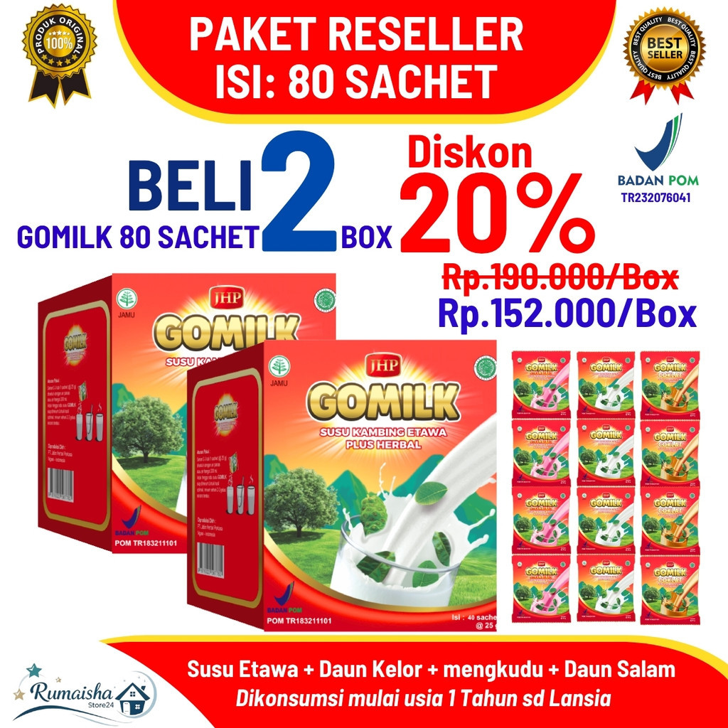 

[Hemat 20%] GOMILK 80 Sachet – Susu Kambing Etawa Tinggi Kalsium, Imun Booster, Untuk semua usia