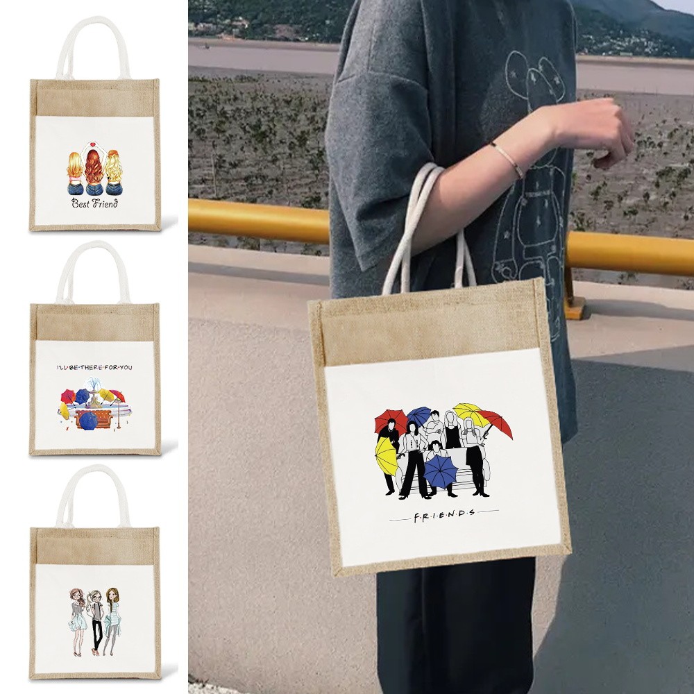 Tas tangan linen Jute Bag Friends Print Cotton Sacks Jute Portable Imitation Sacks New Shopping Bags