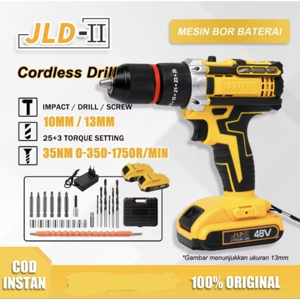 Mesin Bor Batere JLD Kuning Type King 48v & 36v Drill Cordless JLD Mesin Bor Cordlles 48V 3 Mode Bor