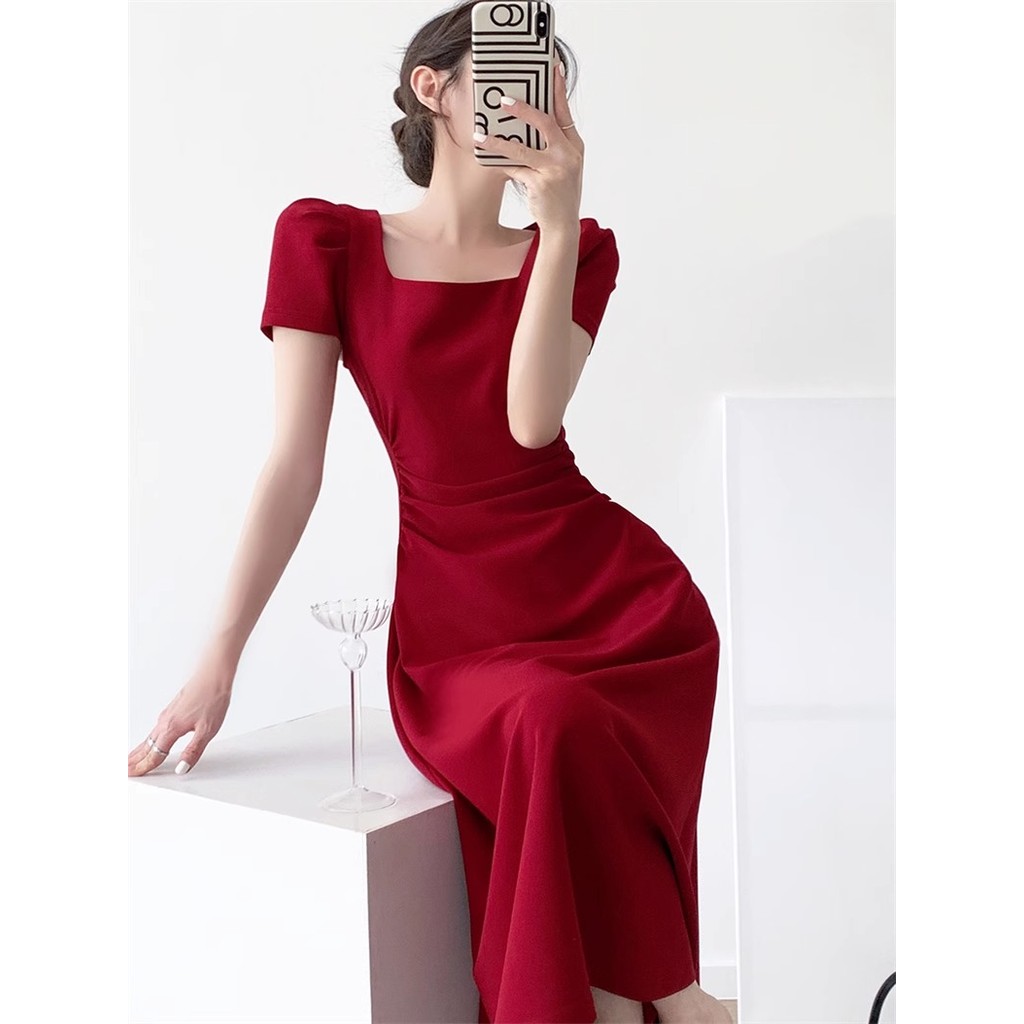 Meirong summer midi dress merah polos pantai panjang wanita korea style baju red dress simple elegan