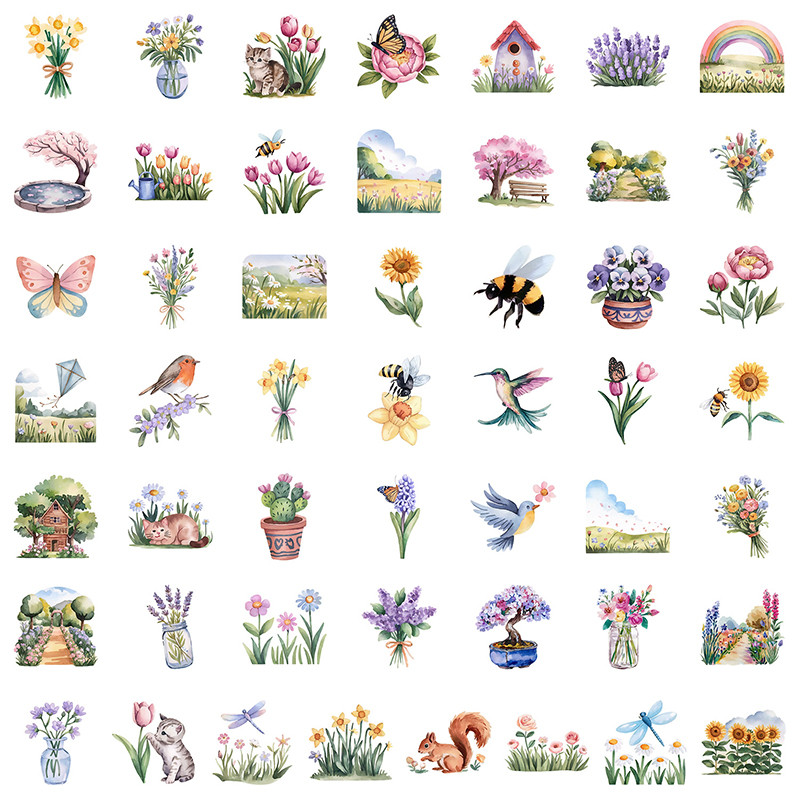 

50PCS Spring Flowers Stickers Children DIY Potted Plant Decorative Decal Aesthetic Diary Stationery Album Guitar Graffiti Decals