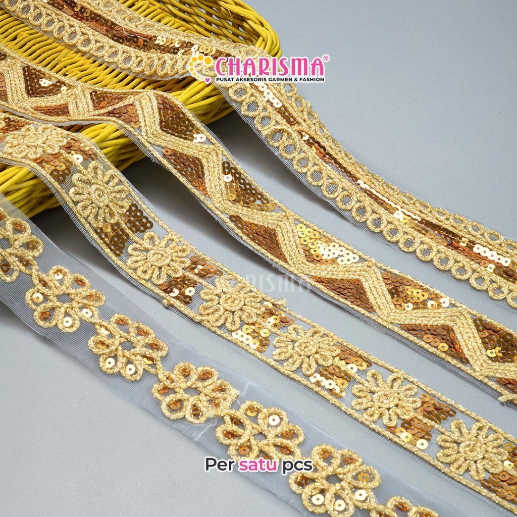 Charisma Renda Guiper Payet Gold (90cm) -Renda Meteran /Renda Emas / Renda Bordir Payet / Lebar 3 cm