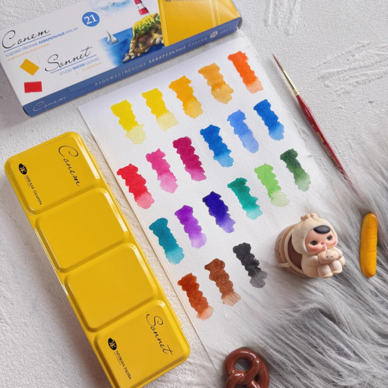 

Russian White Night SONNET Academy Grade Solid Watercolor Pigment 21 Colors Full Block Watercolor Box Art Supplies for Artist