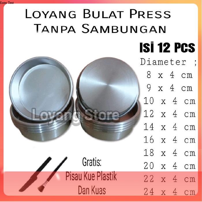12 Pcs Loyang Bulat Press Tinggi 4 cm Diameter 8-24 cm Aluminium Anti Lengket Gratis Pisau Kue & Kua