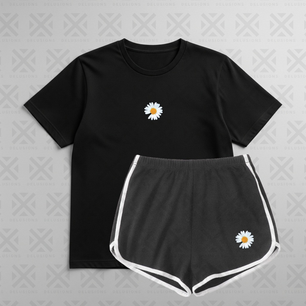 Setelan Wanita Motif Hati Bunga Daisy Smile Lucu Set Pakaian Baju Cewek Remaja Kaos Celana Pendek Sa