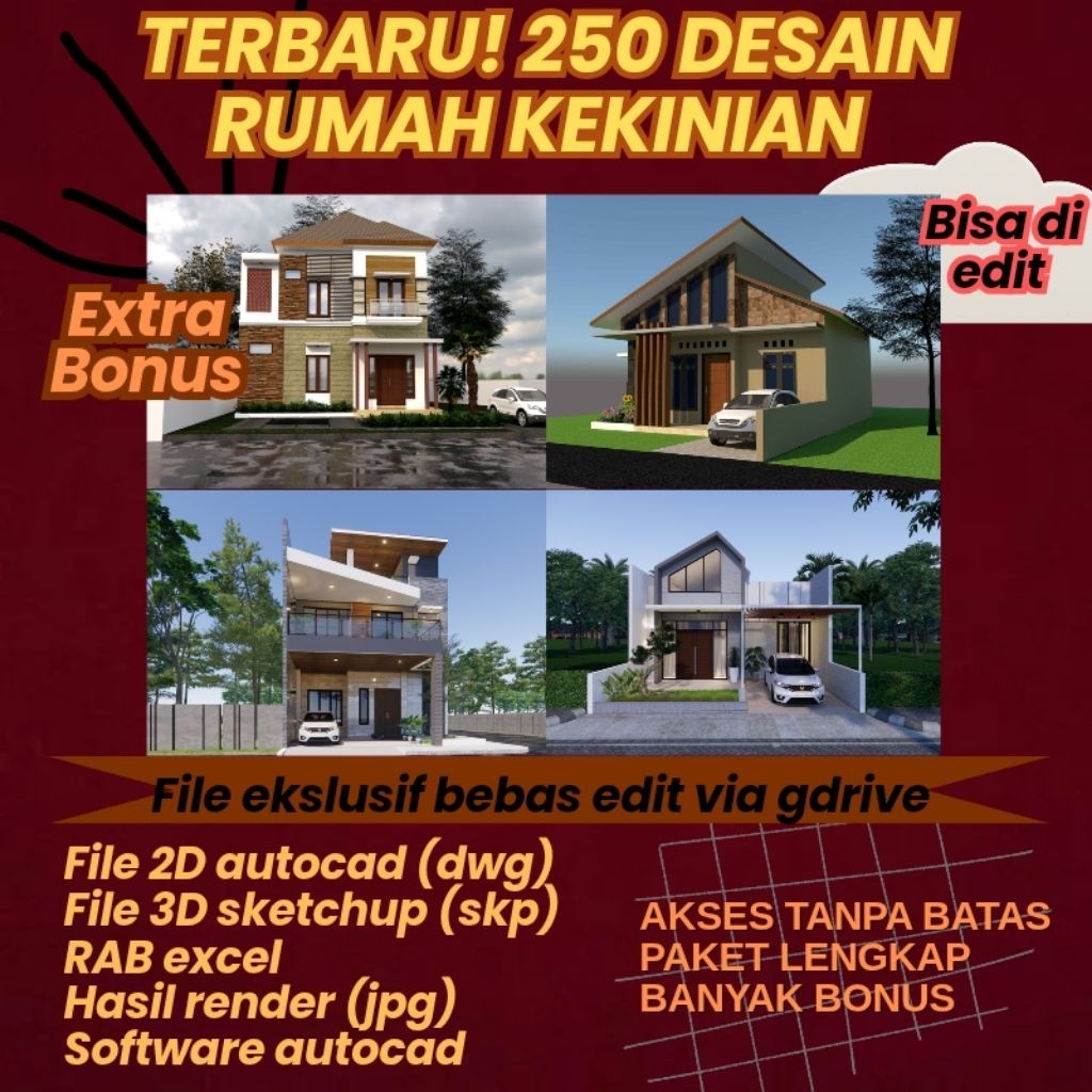 PAKET 300 DESAIN RUMAH TERBARU DESAIN RUMAH TERLENGKAP 2025 SOFT FILE SKETCHUP AUTOCAD DAN RAB TERBA