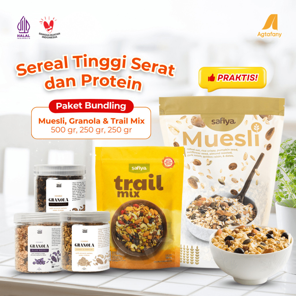 

[Paket Hemat Sehat] Muesli Original 500 gram Safiya + Trail Mix 250 gram + Granola Coklat Blueberry Vanilla 250 gram Timur Tengah Camilan Sereal Sarapan Sehat