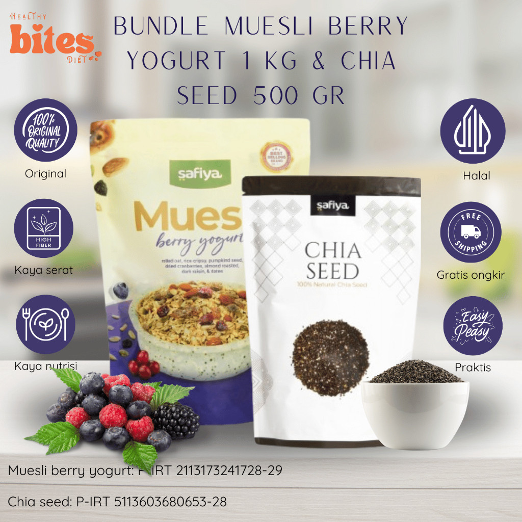 

Muesli Berry Yogurt 1Kg + Chia Seed 500gr Safiya 2in1 Sereal Sarapan Diet Praktis Cemilan Diet Sehat