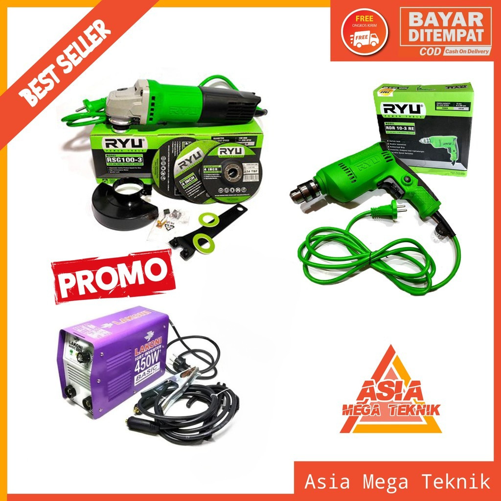 PAKET 3 MESIN LAS LISTRIK LAKONI/RYU 450 WATT MESIN BOR MESIN GERINDA RYU