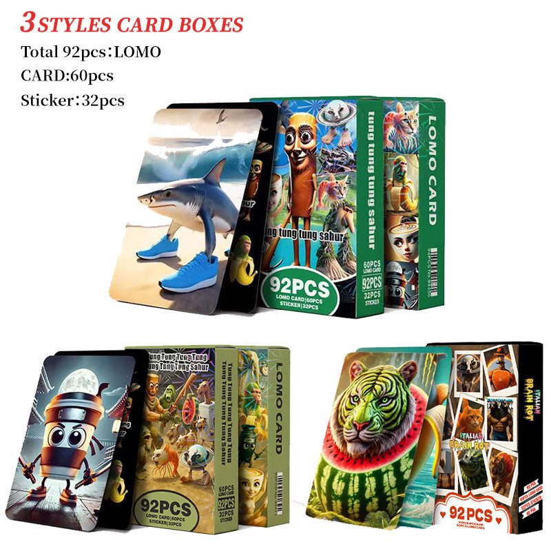 

3 Styles Italian Brainrot Card&Sticker Tralalero Tralala Cartoon Tungtung Sahur Brainrot Party Games Cards Collect Toy 92pcs/Set