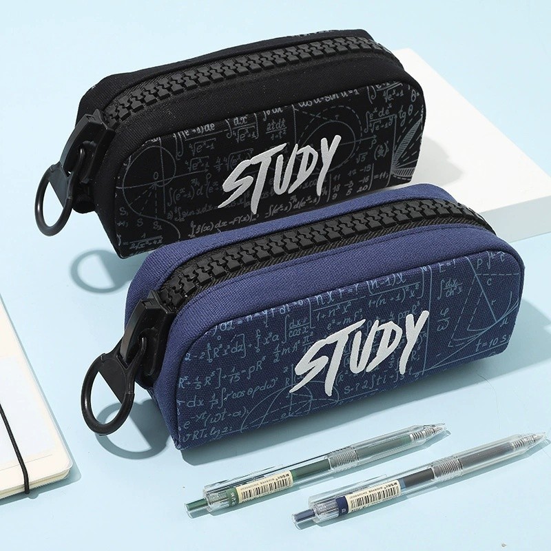 

Large-Capacity Canvas Pencil Case and Learning Formula Printing - Durable Zipper Storage Bag for School, University, Office Supplies - Black and Navy Blue, Pencil Bag