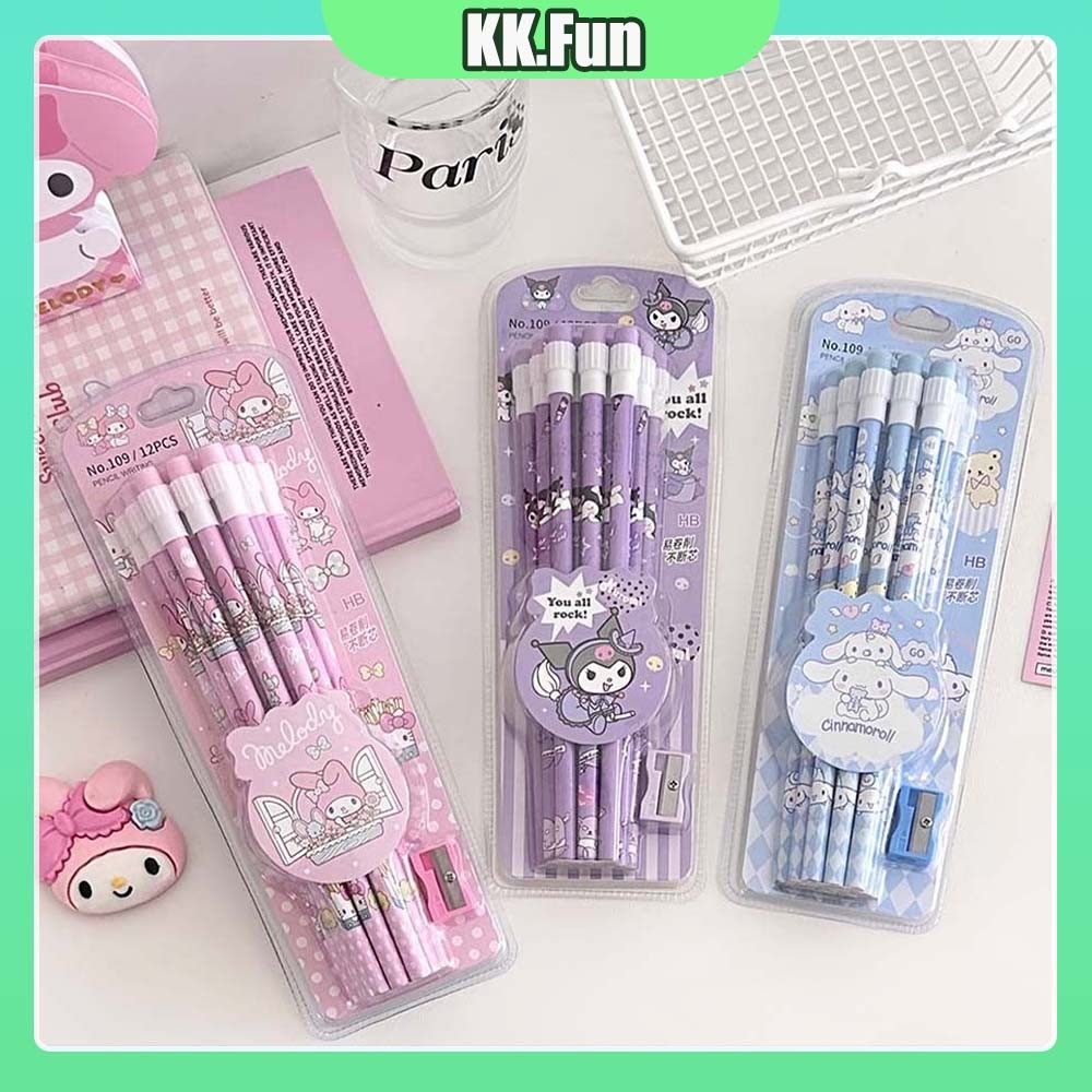 

Sanrio Kuromi / Melody / Pulpen Bisa Dihapus/Pena Bisa Dihapus Pulpen Ge l/ Cinnamoroll Motif Set Pensil isi 12pcs Pensil Batang + 1 Pcs Serutan