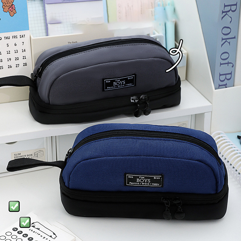 

2Styles New Large Capacity Pencil Case Retro Color Block Double Layer Multifunctional Handbag Stationery Pencil Storage Bag